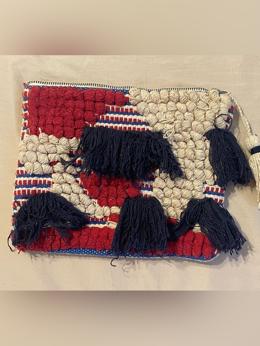 Red, Cream & Navy Woven Tassel Clutch/Pouch